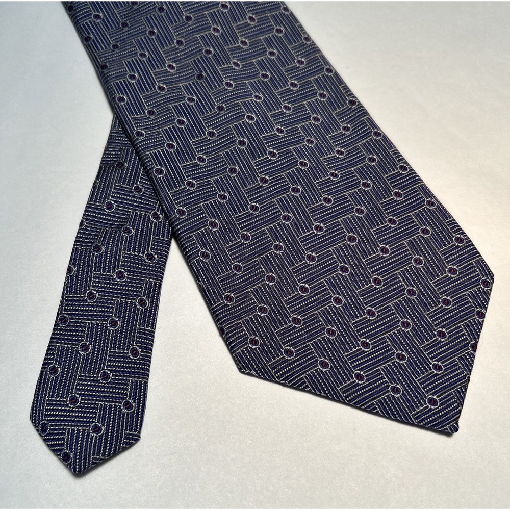 Ralph Lauren Silk Tie Green Label Blue Geometric Print Hand Finished Made in USA